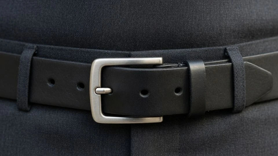 Dress belt fastened on the middle hole with clean tail length on trousers