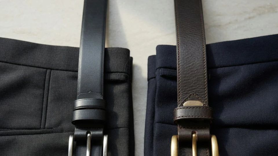 Comparison of slim and wider leather belts on tailored trousers