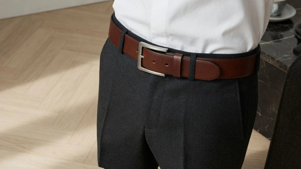 Dress belt paired with loafers and tailored trousers in a coordinated outfit