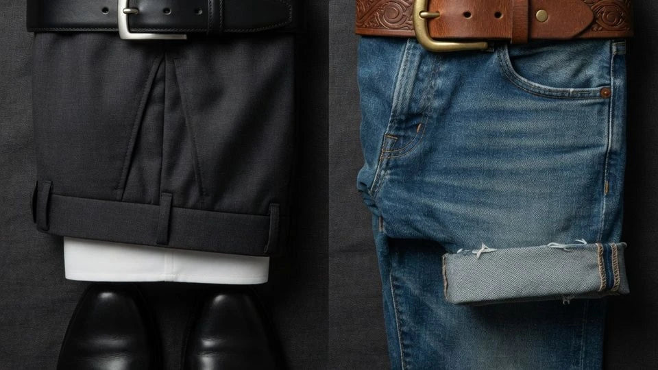 Smooth dress belt and textured casual belt compared with tailored trousers and denim
