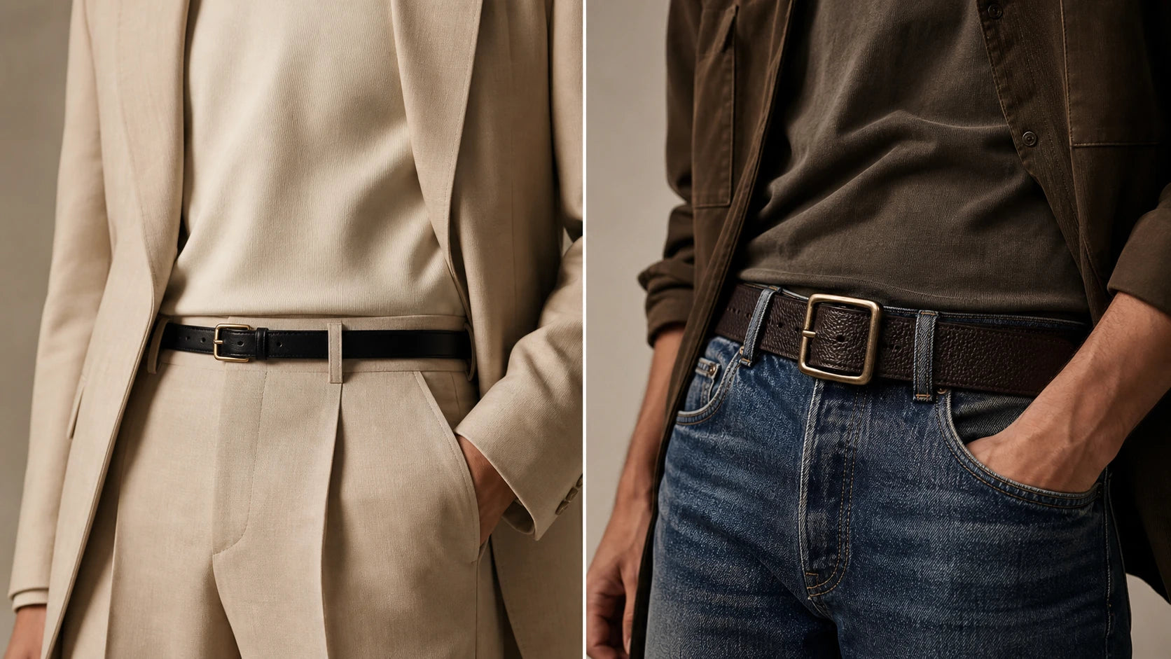 Smooth slim belt with tailored trousers compared with a wider textured belt styled with denim