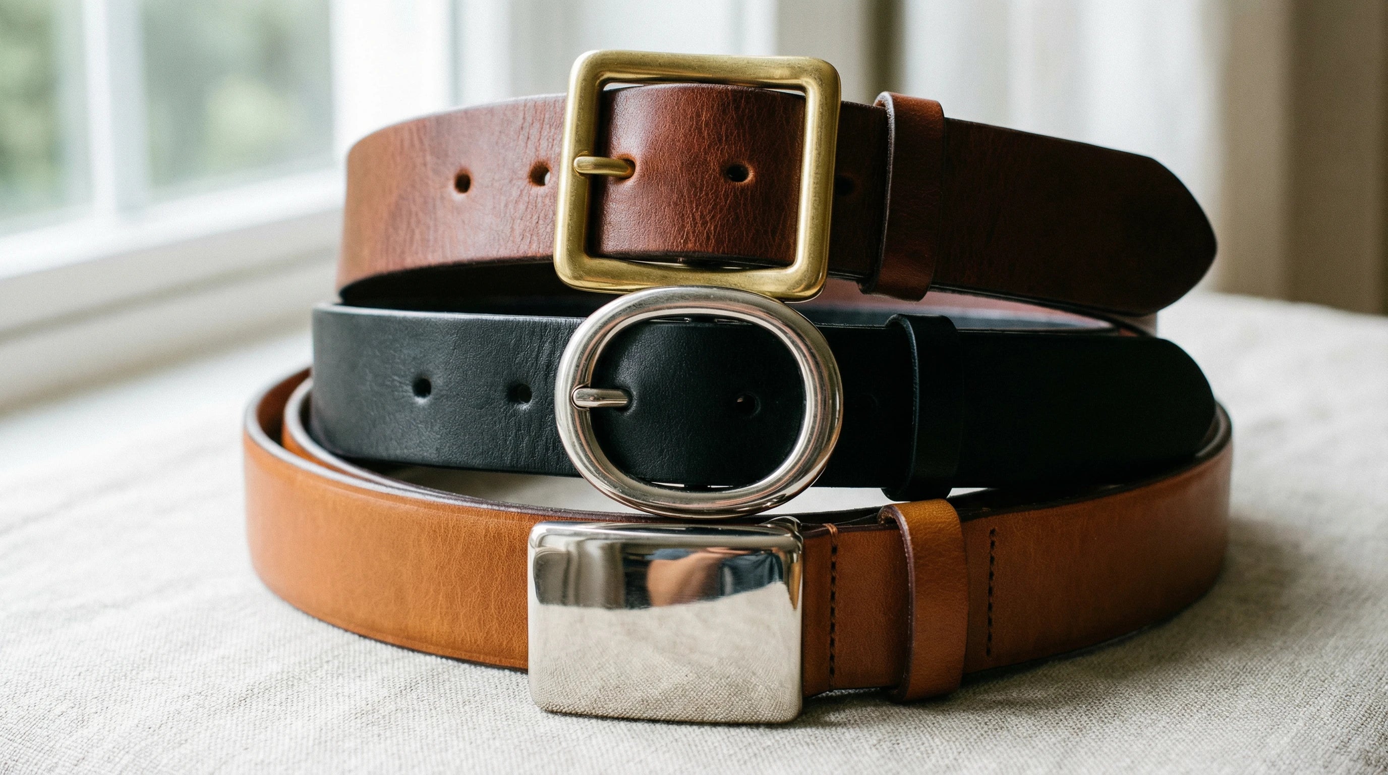 Leather belts with easy everyday buckle styles