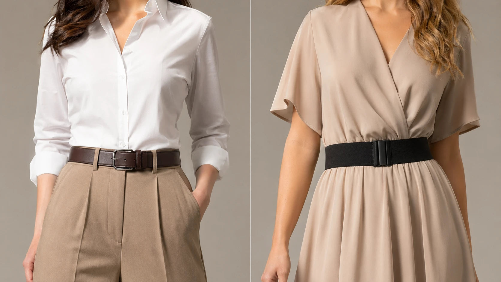 Side-by-side comparison of an elastic belt on a dress and a leather belt on trousers to show different outfit goals