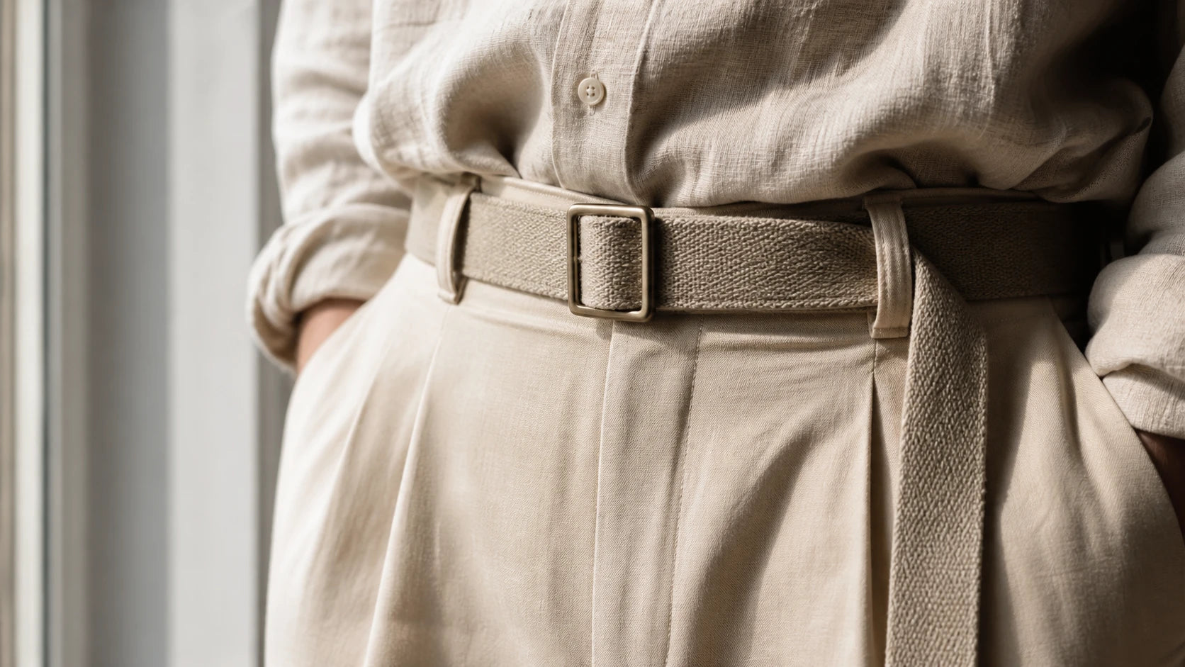Close-up of a fabric belt on relaxed trousers showing texture and soft fit