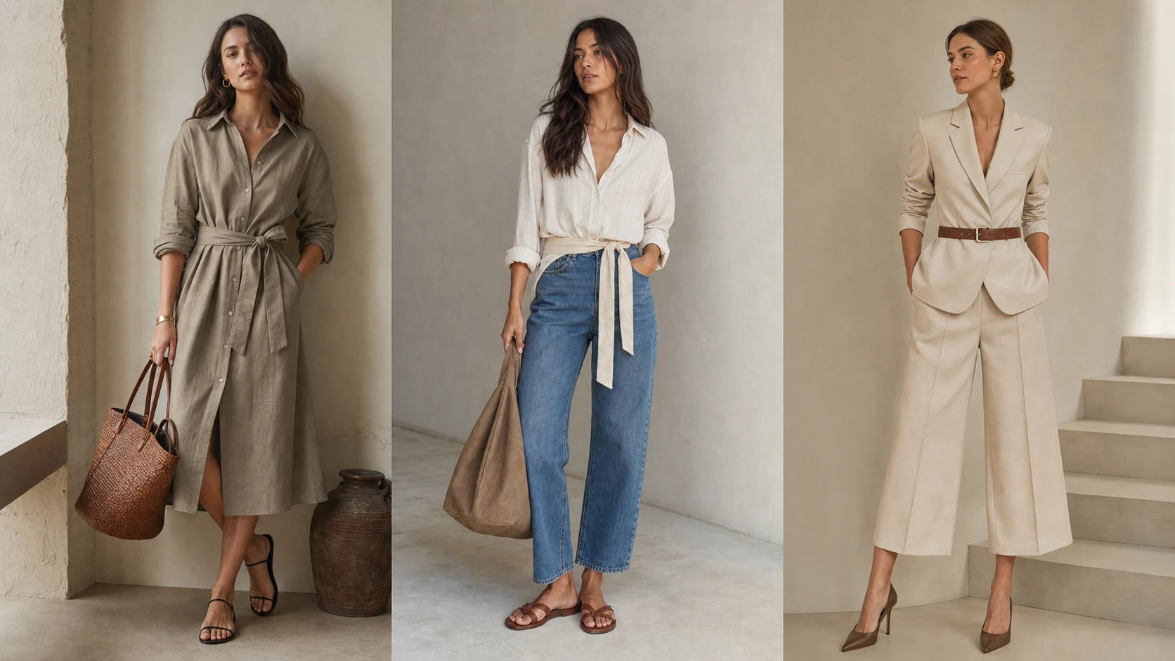 Three outfit scenarios showing when a fabric belt works and when a structured belt is better