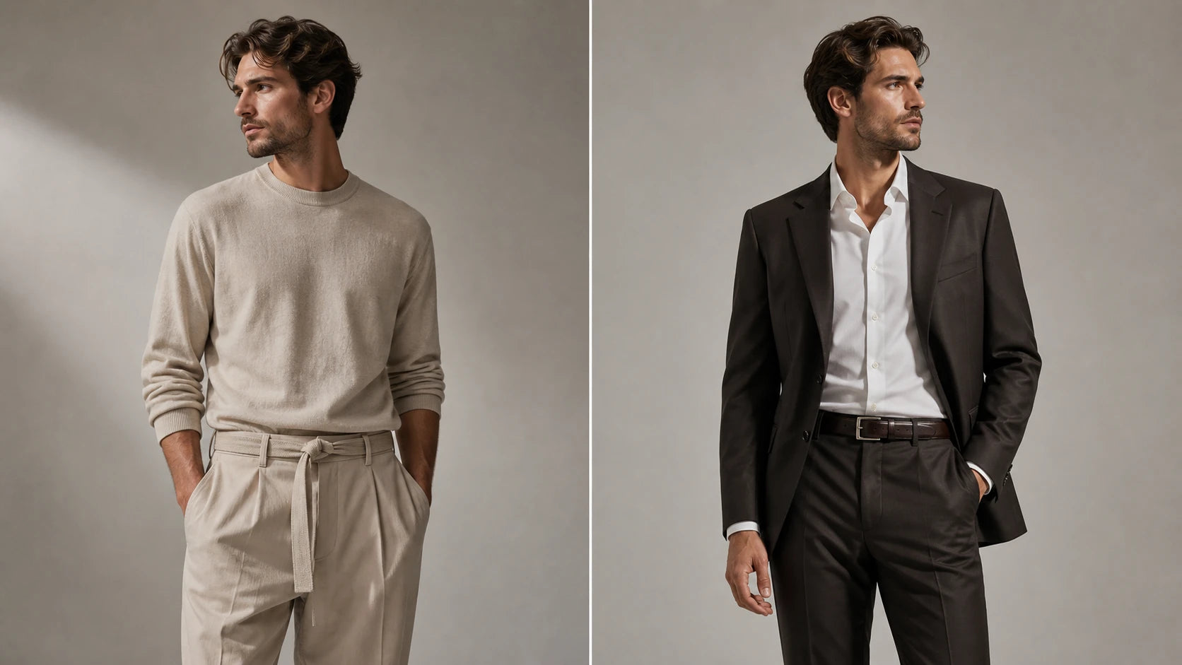 Comparison of a fabric belt and a leather belt styled with different outfit structures