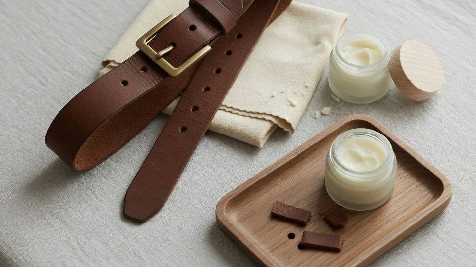 Full grain leather belt with a soft cloth and leather care items on a valet tray