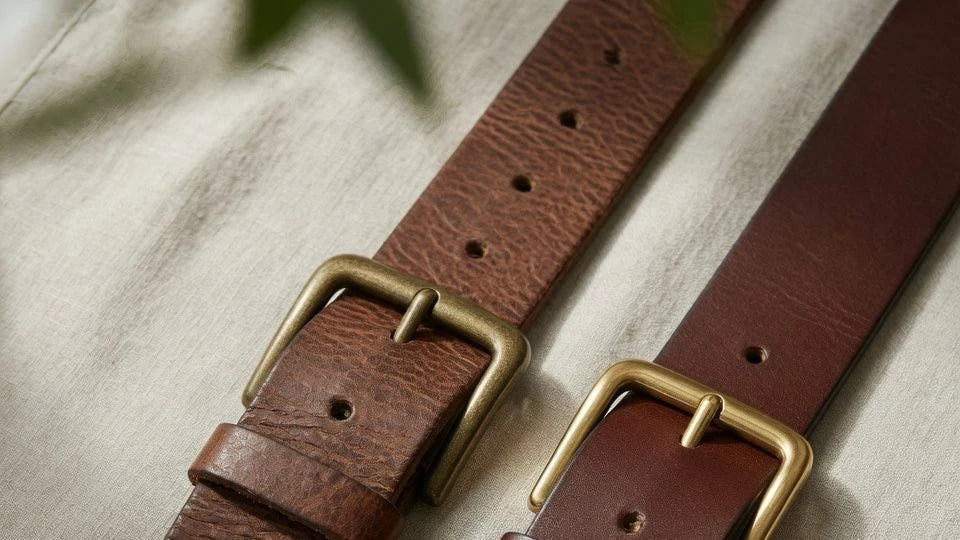 Comparison of natural grain leather and smoother processed belt leather