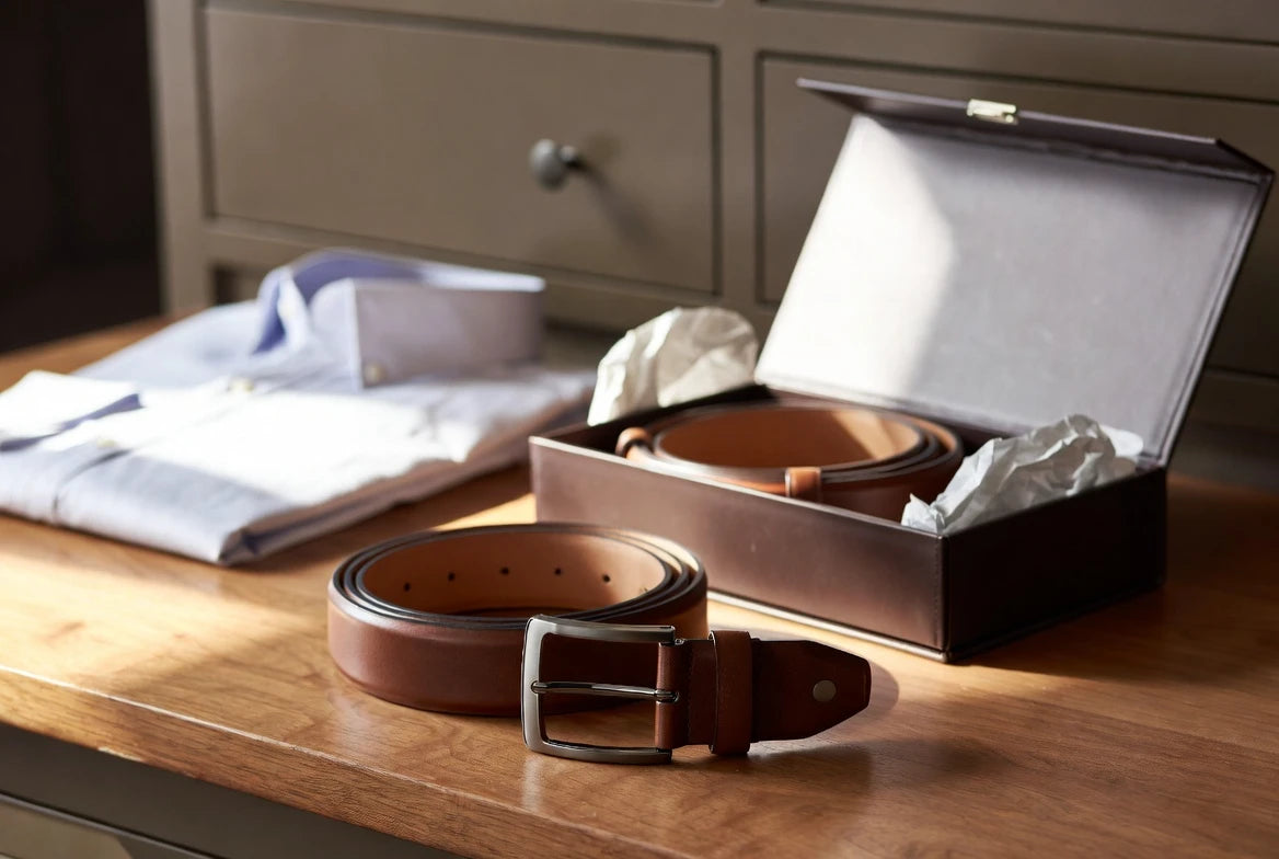 Gift-ready belt box styled with wardrobe essentials in a premium setting