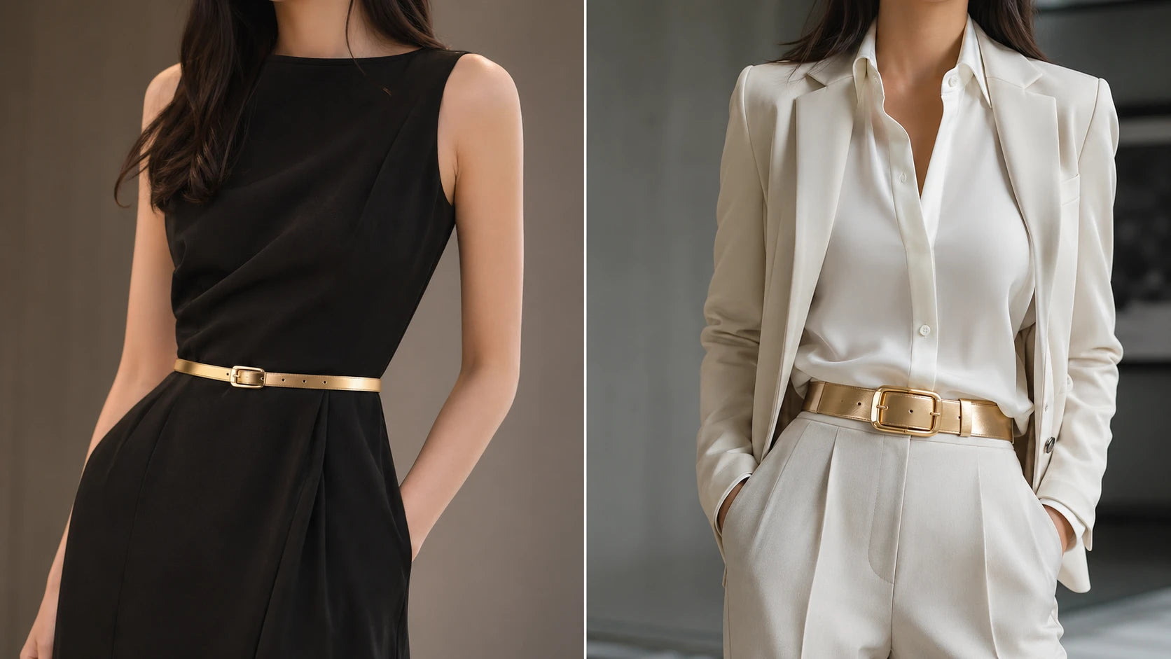 Gold-tone dress belts styled with a black dress and tailored trousers for proportion comparison