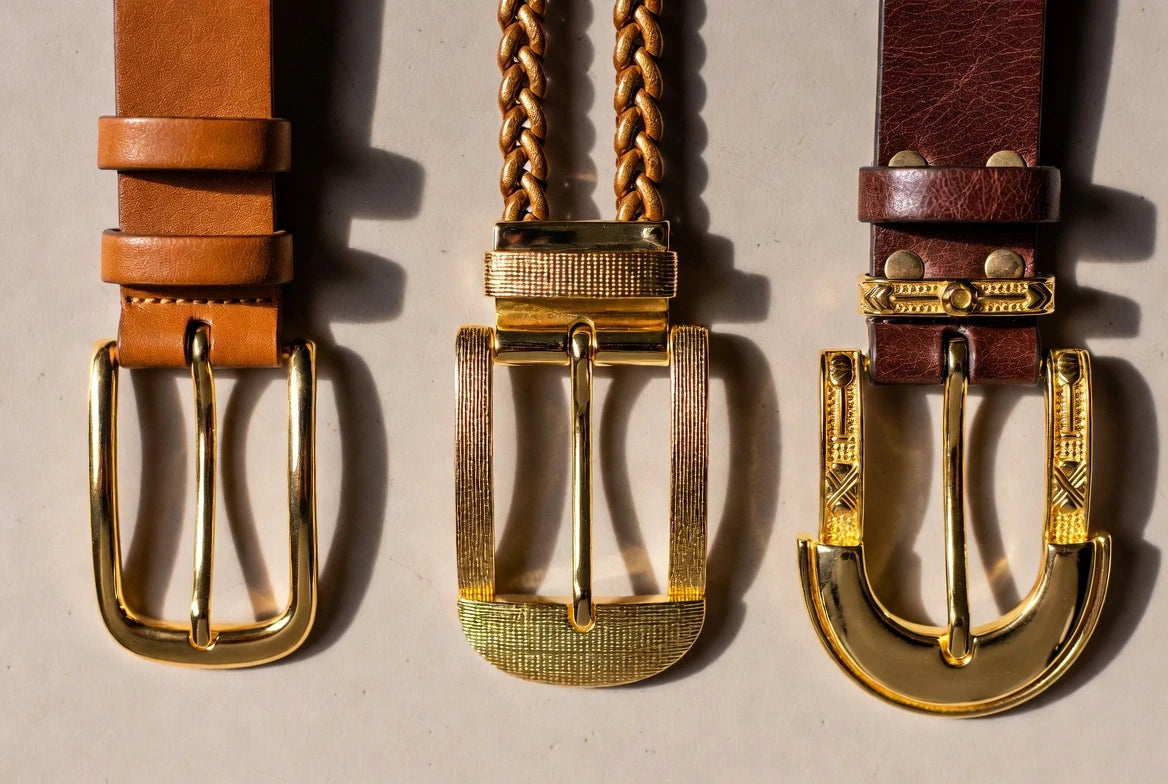 Comparison of slim, medium, and statement gold belt styles by width and finish