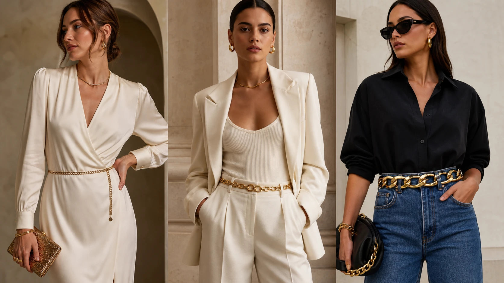 Three gold chain belt link sizes compared across a dress, trousers, and denim outfit