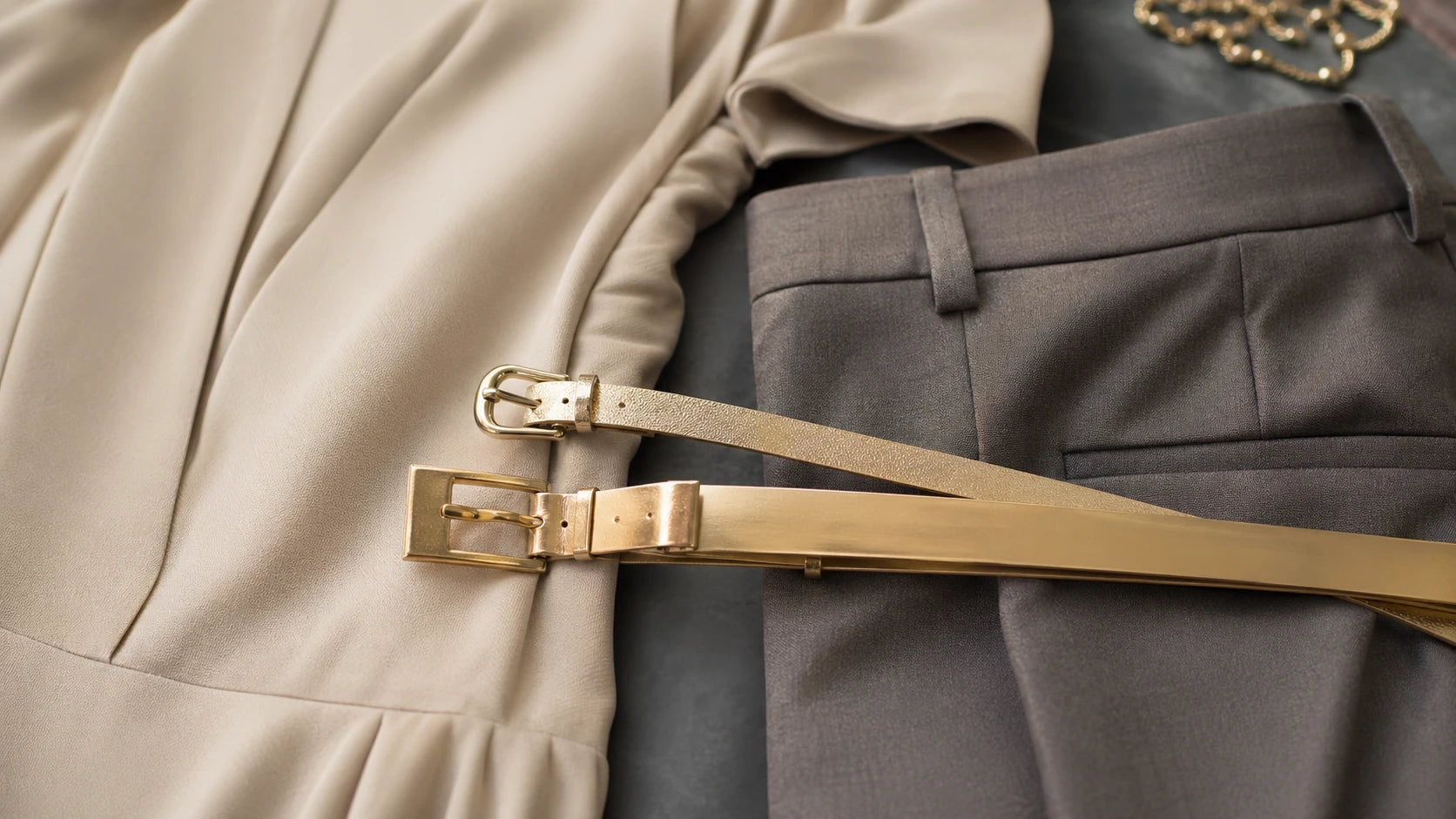 Comparison of slim and medium-width gold-tone dress belts for dress outfits