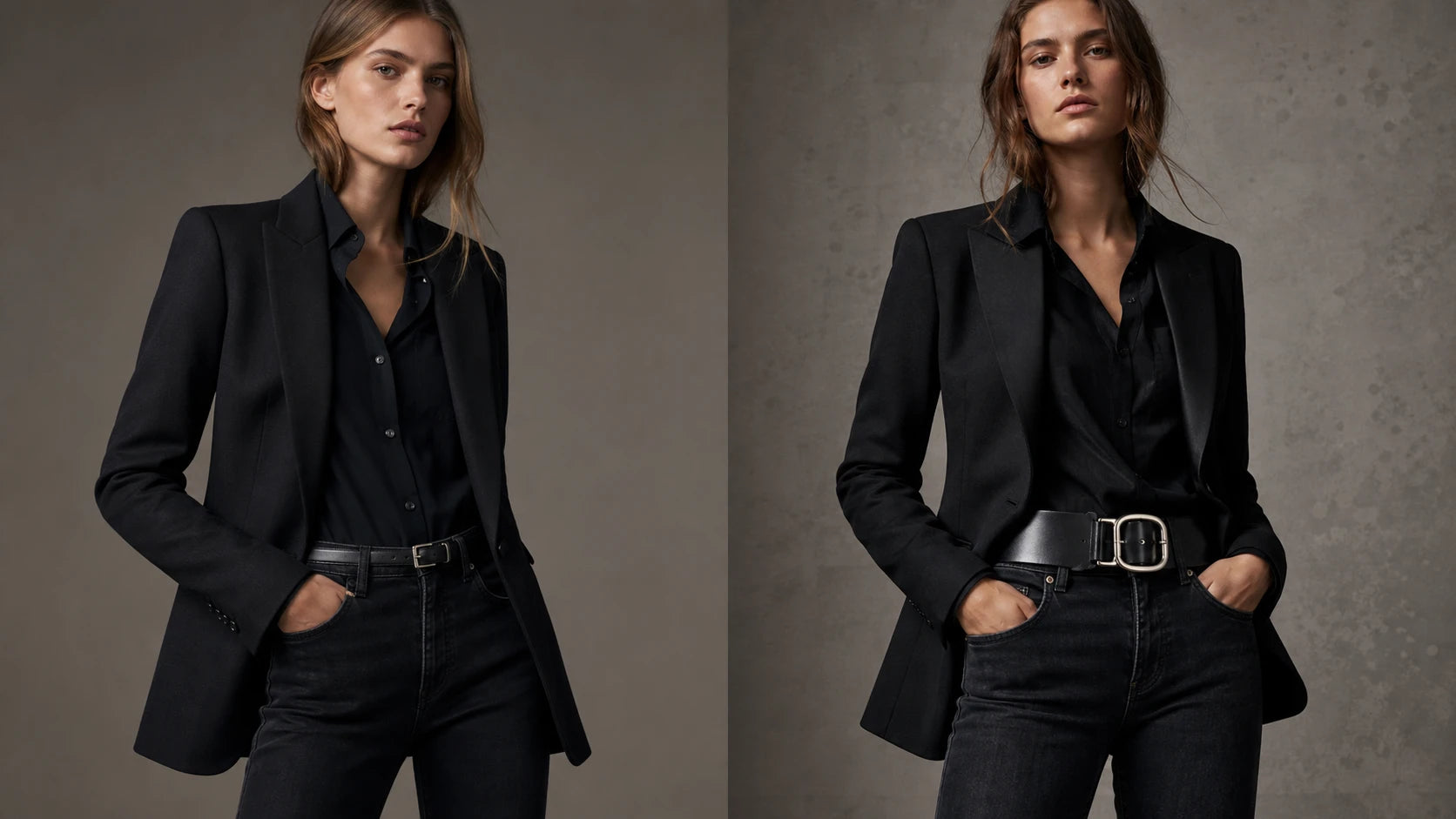 Side-by-side comparison of a clean goth belt and a statement goth belt on dark outfits