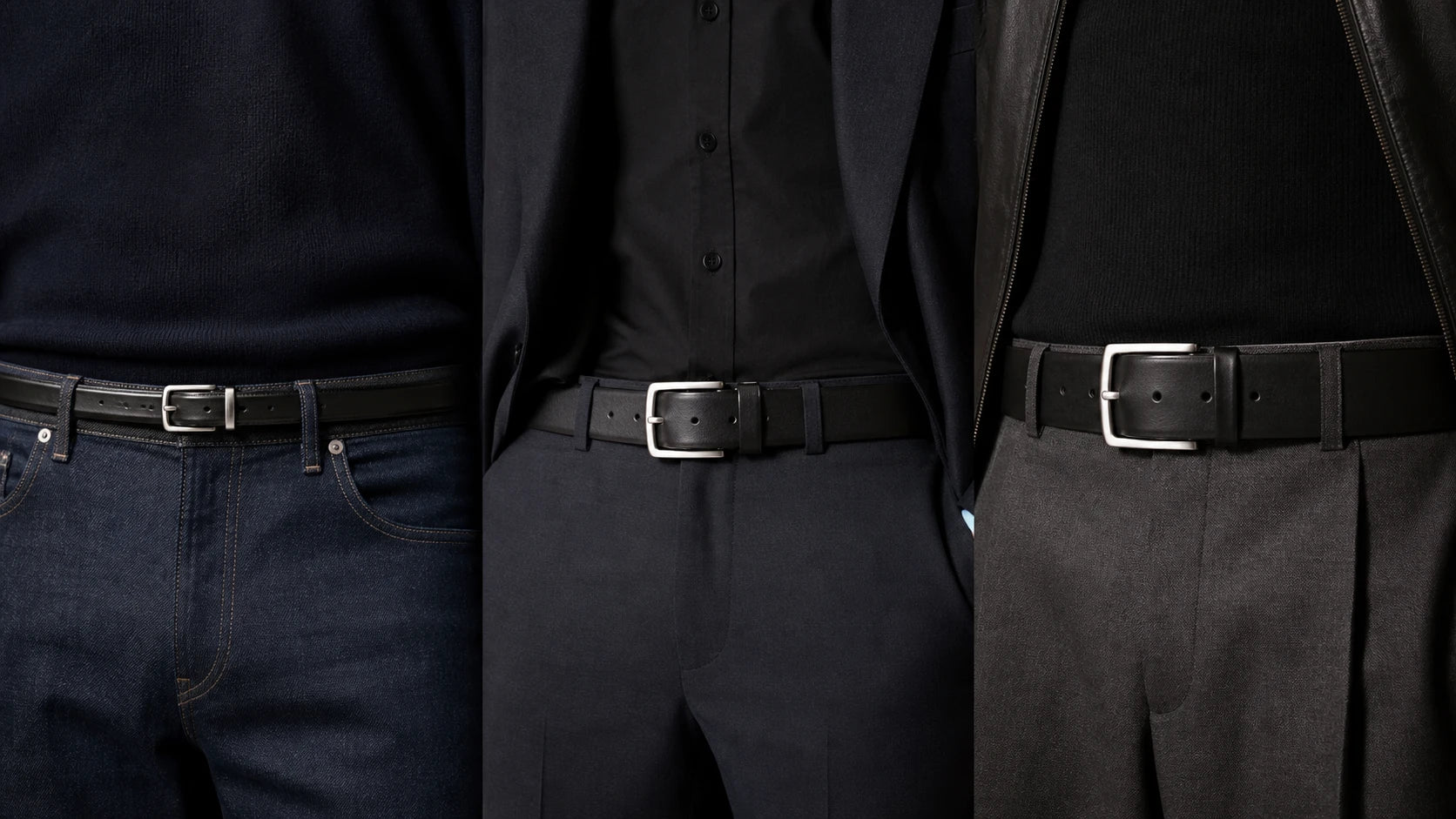 Comparison of slim, medium, and wide black belts for outfit proportion
