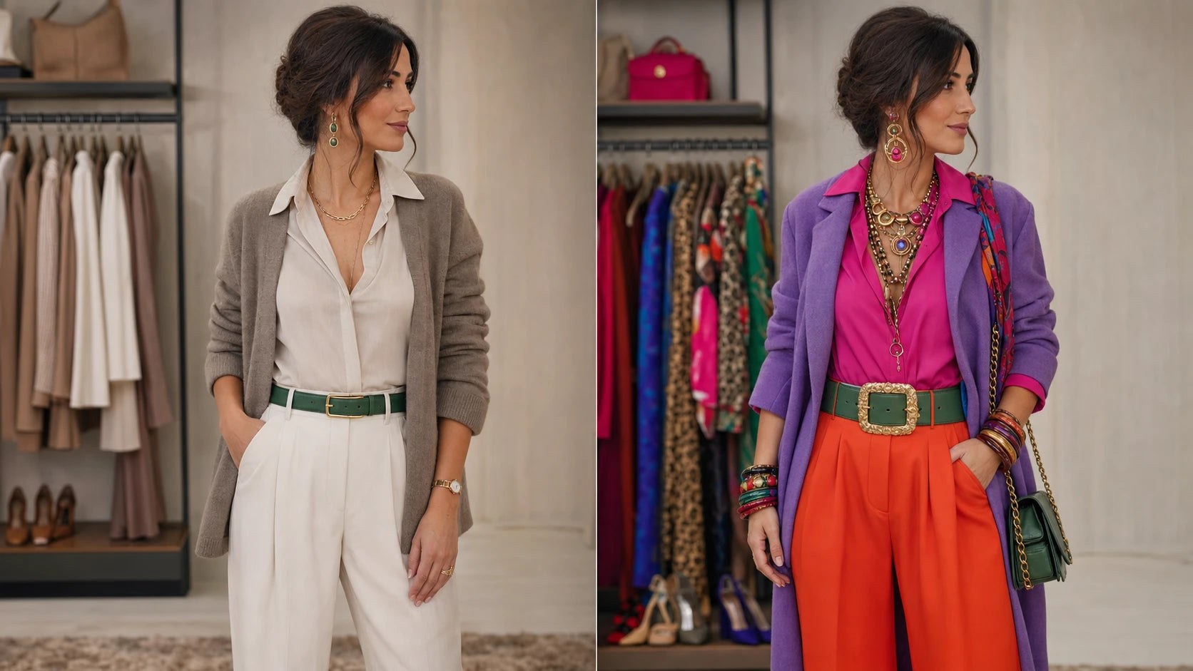 Balanced versus overloaded outfit examples with a green belt