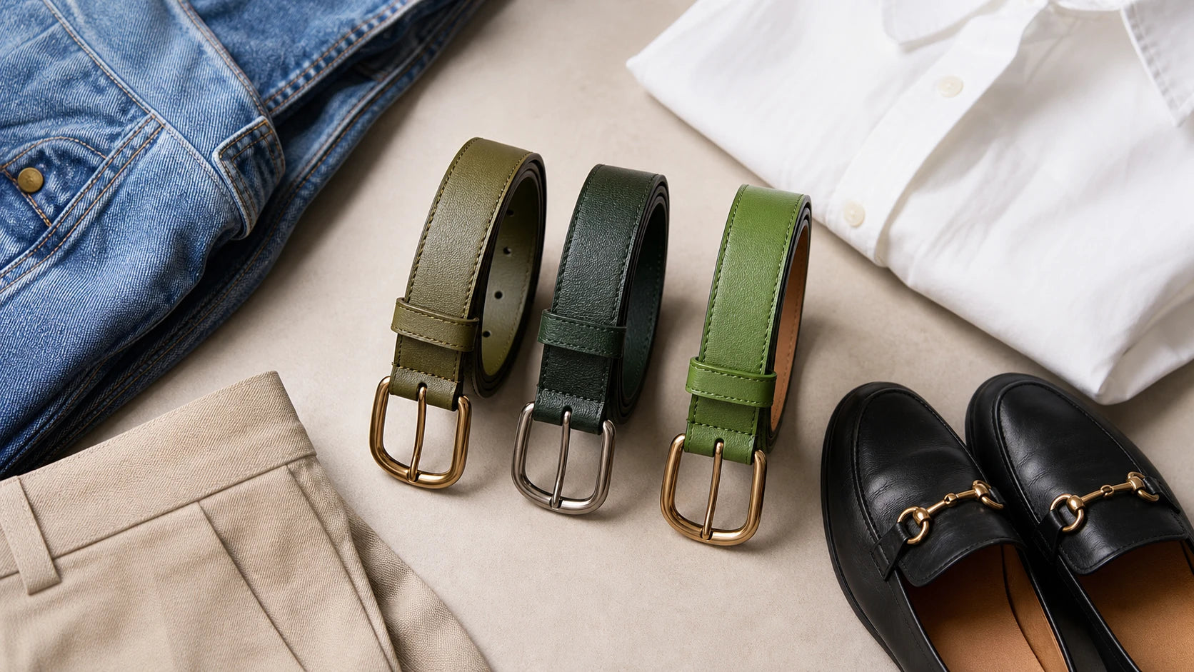 Comparison of olive, dark green, and bright green belts with neutral outfits