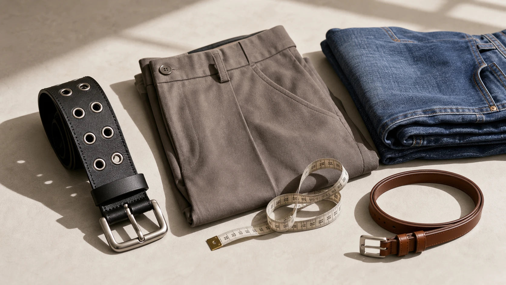 Flat-lay of a grommet belt with trousers, denim, and measuring tape for a fit-check comparison