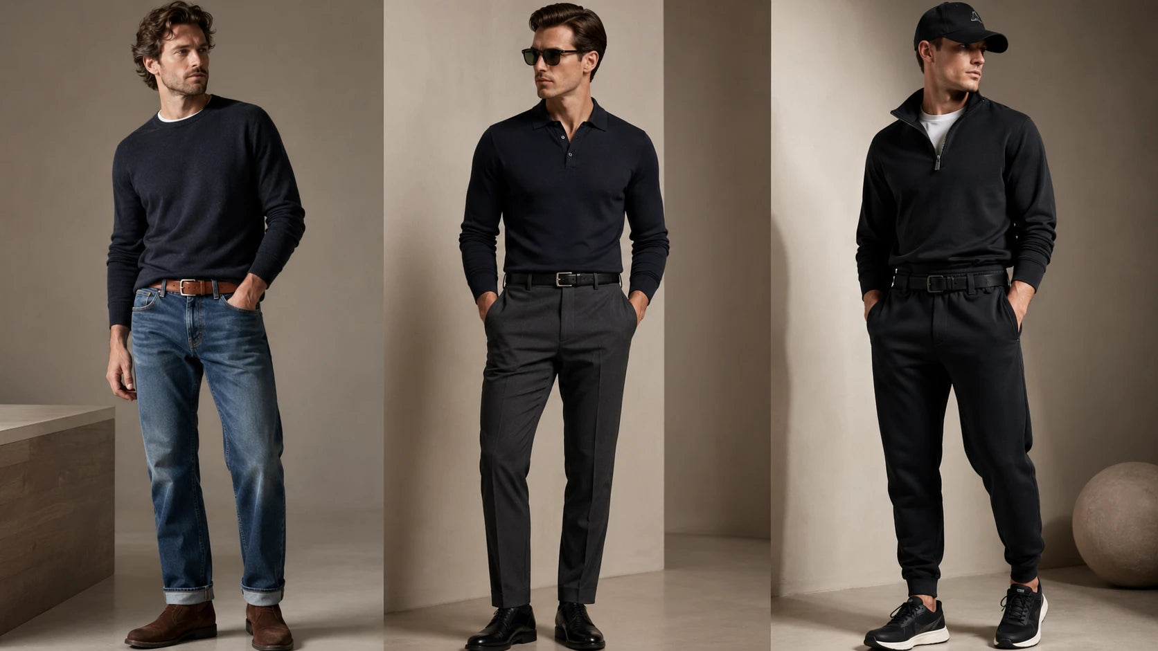 Three outfit scenarios comparing where a groove-style belt works better than a classic belt