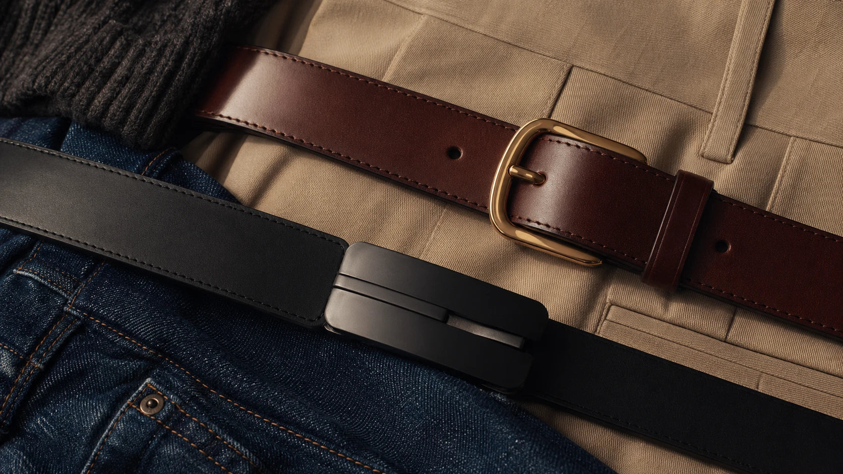 Comparison of a groove-style belt and a classic belt showing buckle shape and width differences