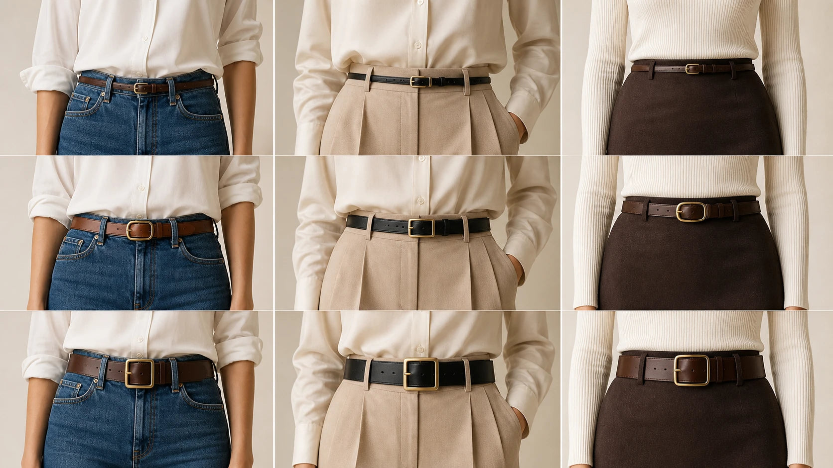 Comparison of belt widths across jeans, tailored trousers, and a skirt