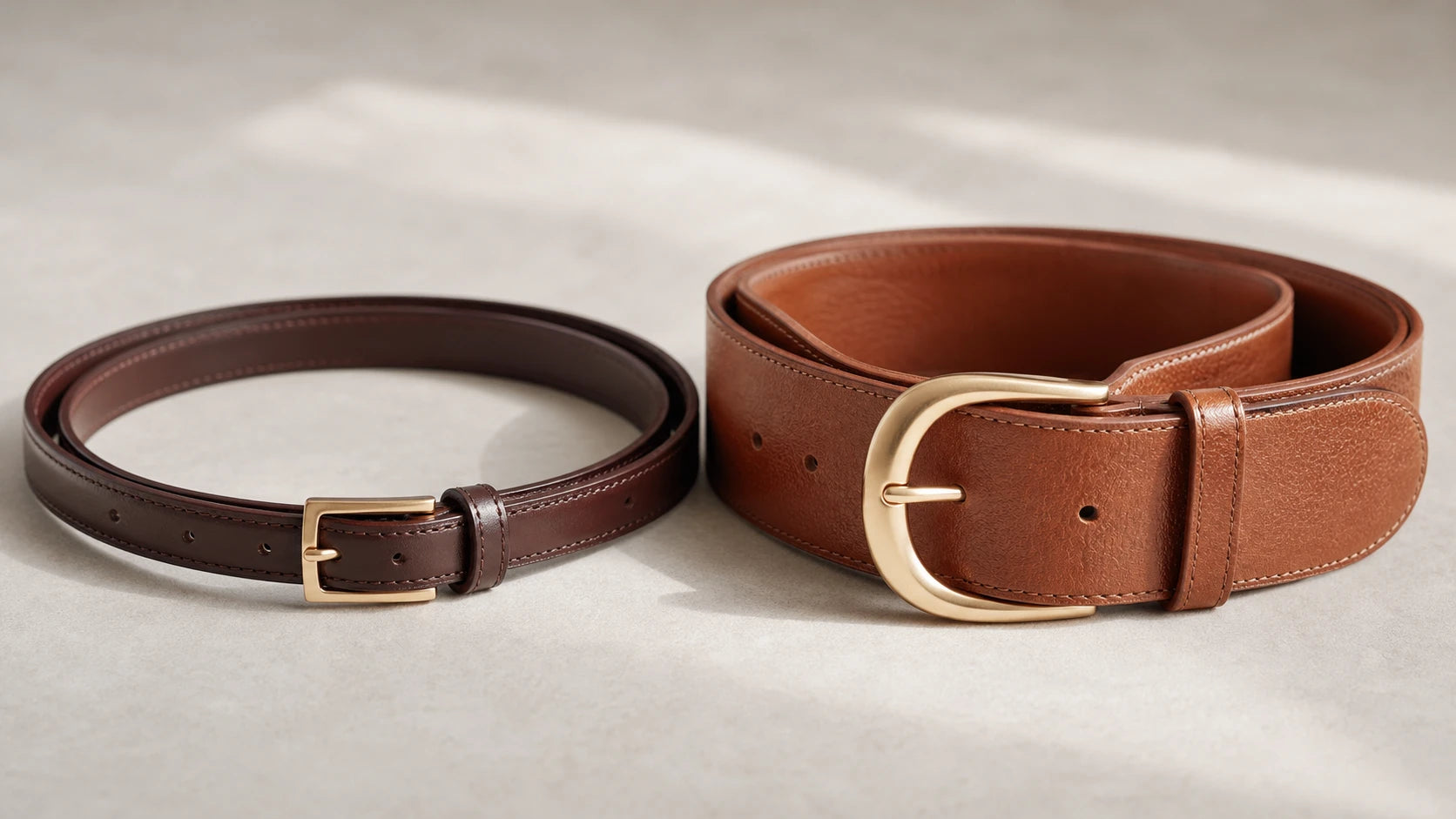 Close-up comparison of a slim leather belt and a more casual medium-width belt