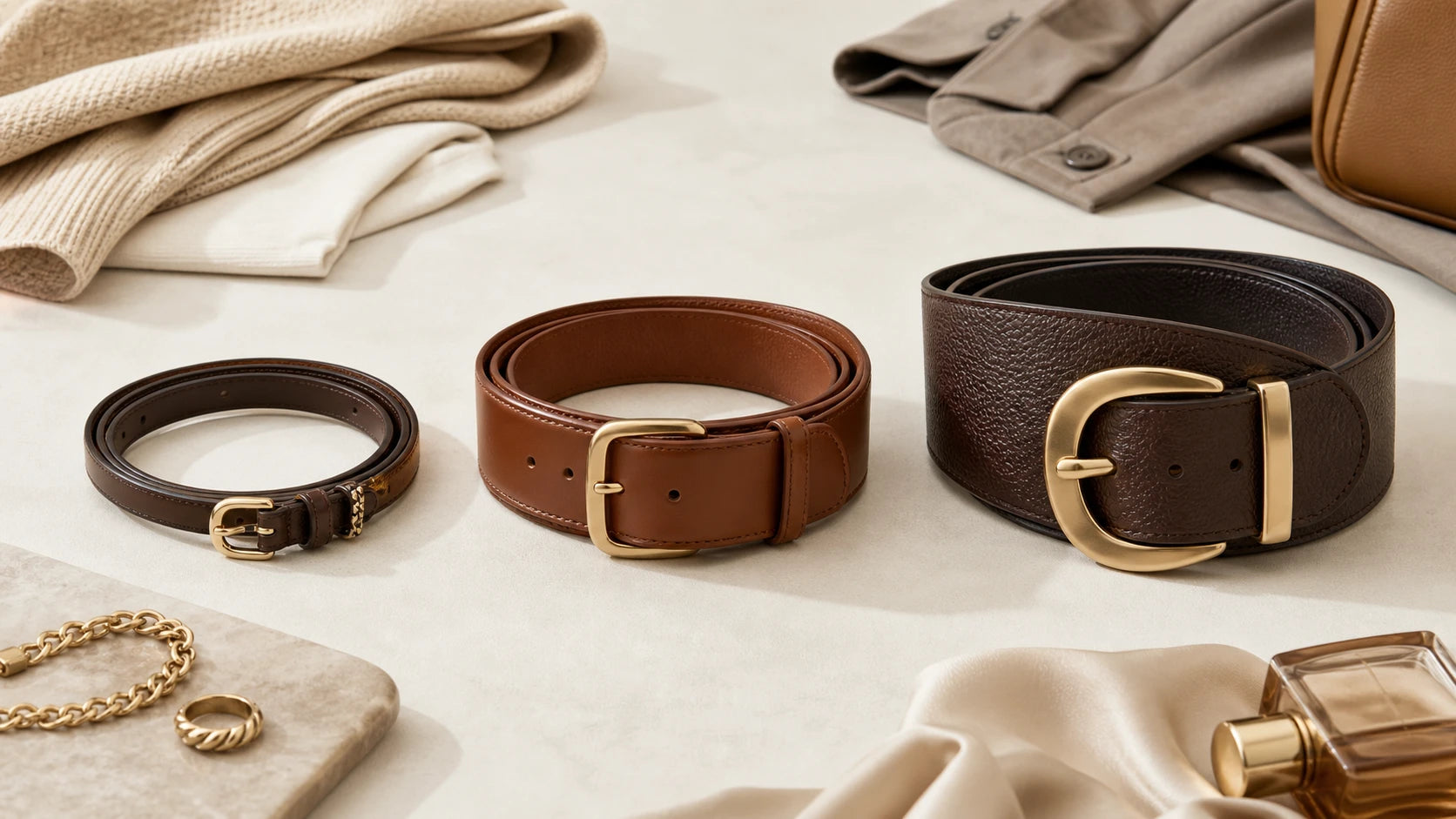 Comparison of slim, medium, and wide belts to show how width changes wearability