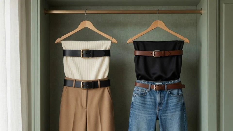 High-rise trousers and low-rise denim styled with different women's belt widths