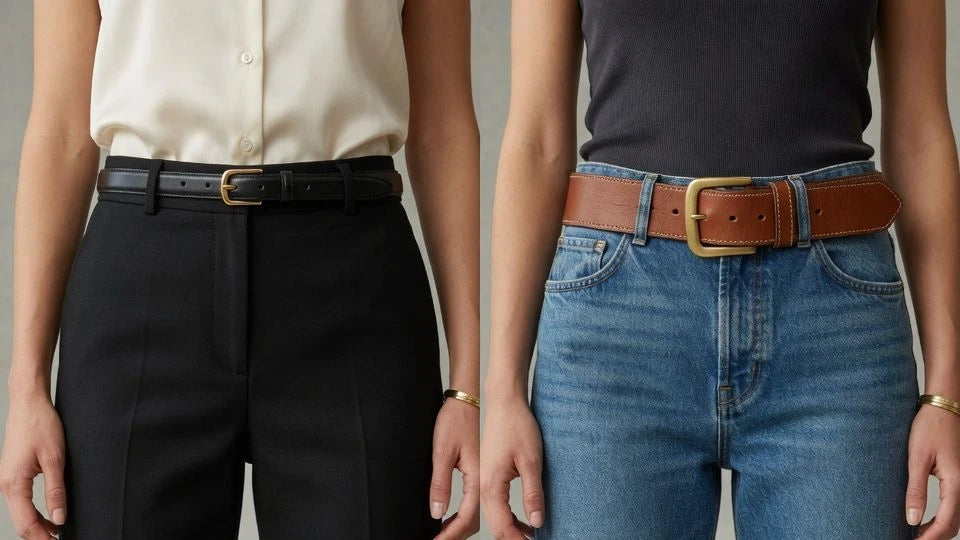 Comparison of a slim belt with high-rise trousers and a wider belt with denim