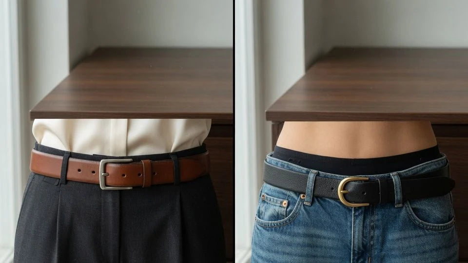 Comparison of belt fit with high-rise trousers and low-rise denim