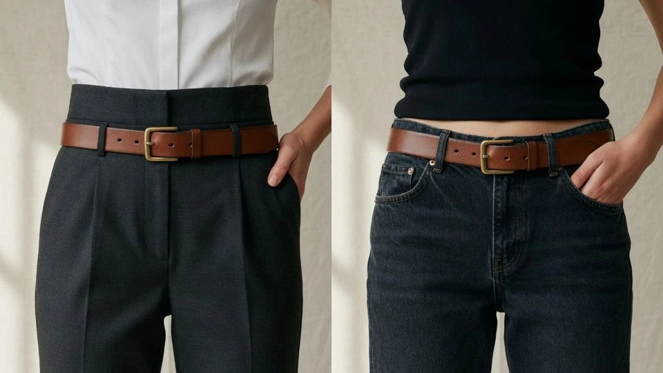 Comparison of belt fit with high-rise trousers and low-rise denim