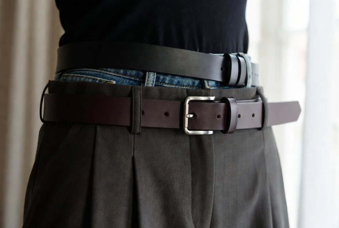 Comparison of belt fit with high-rise trousers and low-rise denim