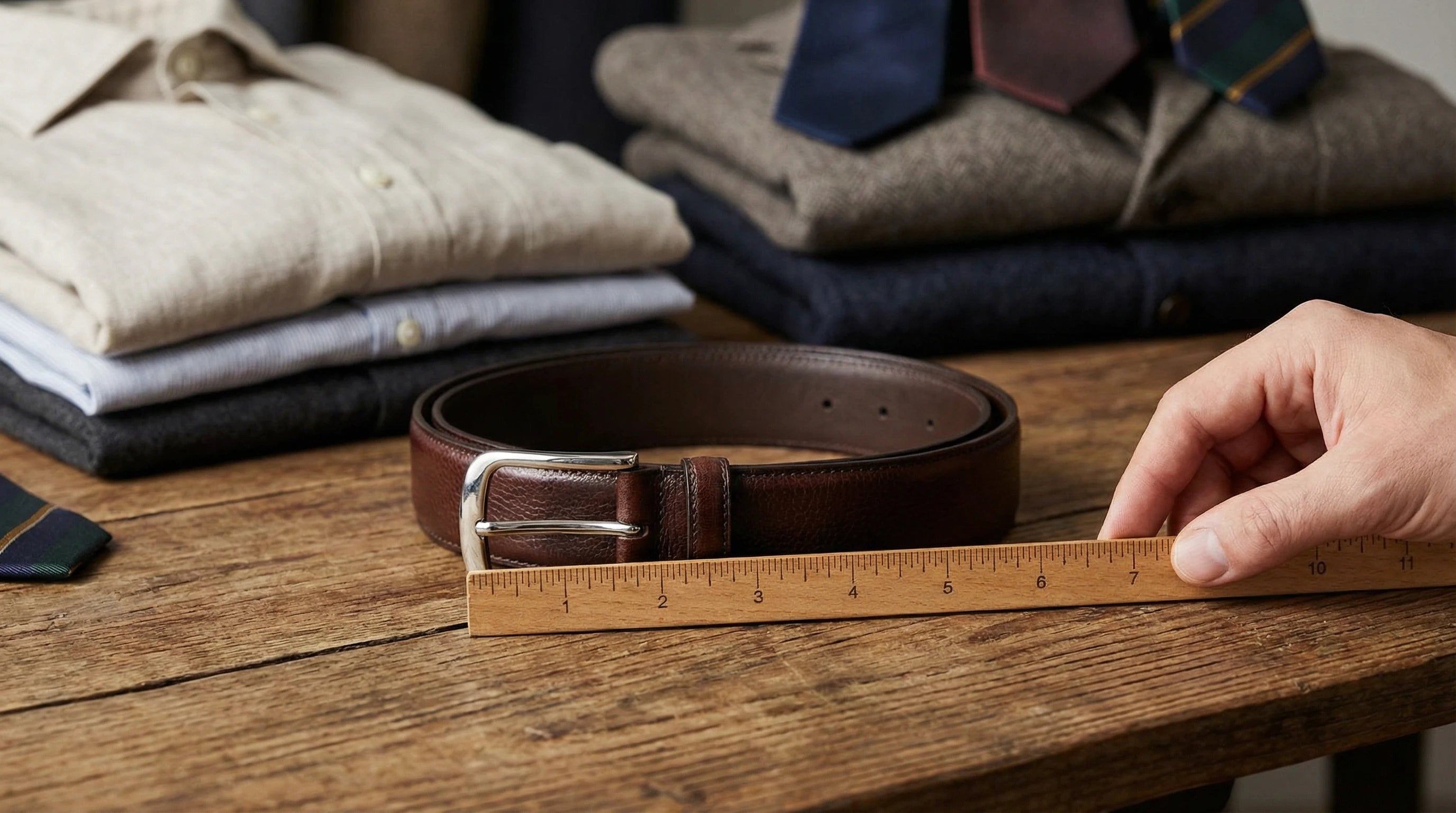 Leather belt being measured from buckle to center hole