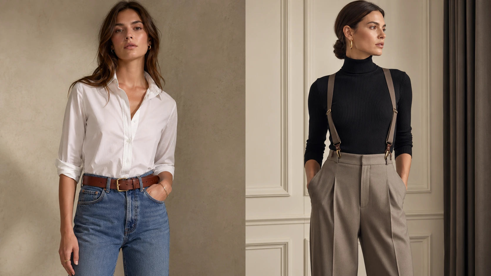 Side-by-side comparison of a belt on jeans and suspenders on tailored trousers for women