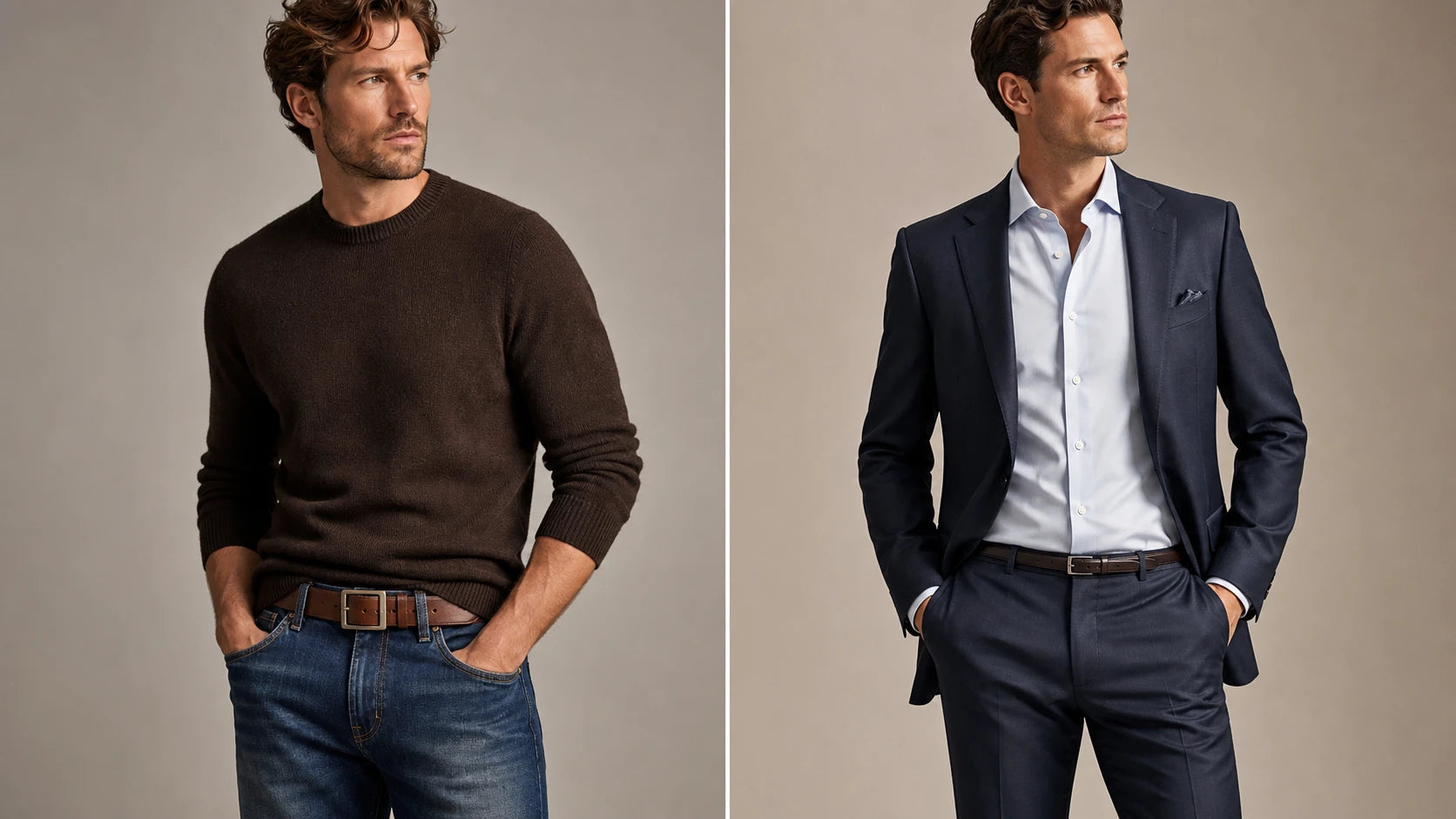 Comparison of a medium-width belt on jeans and a slim belt on tailored trousers