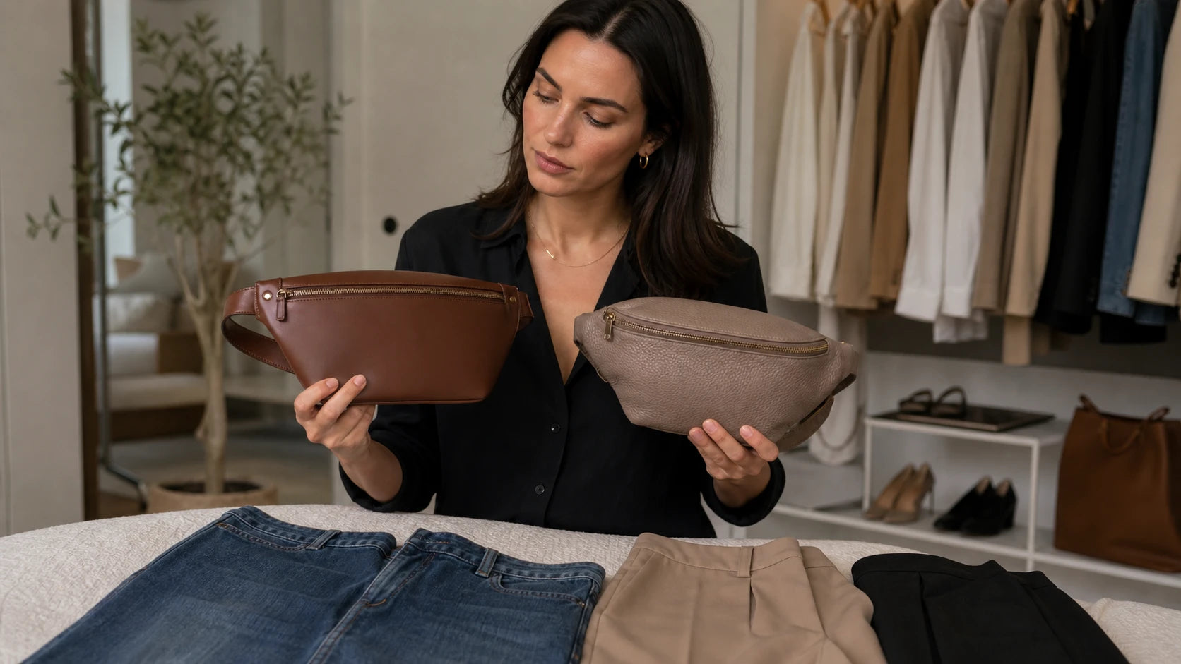 Woman comparing leather belt bag materials with casual and tailored outfits