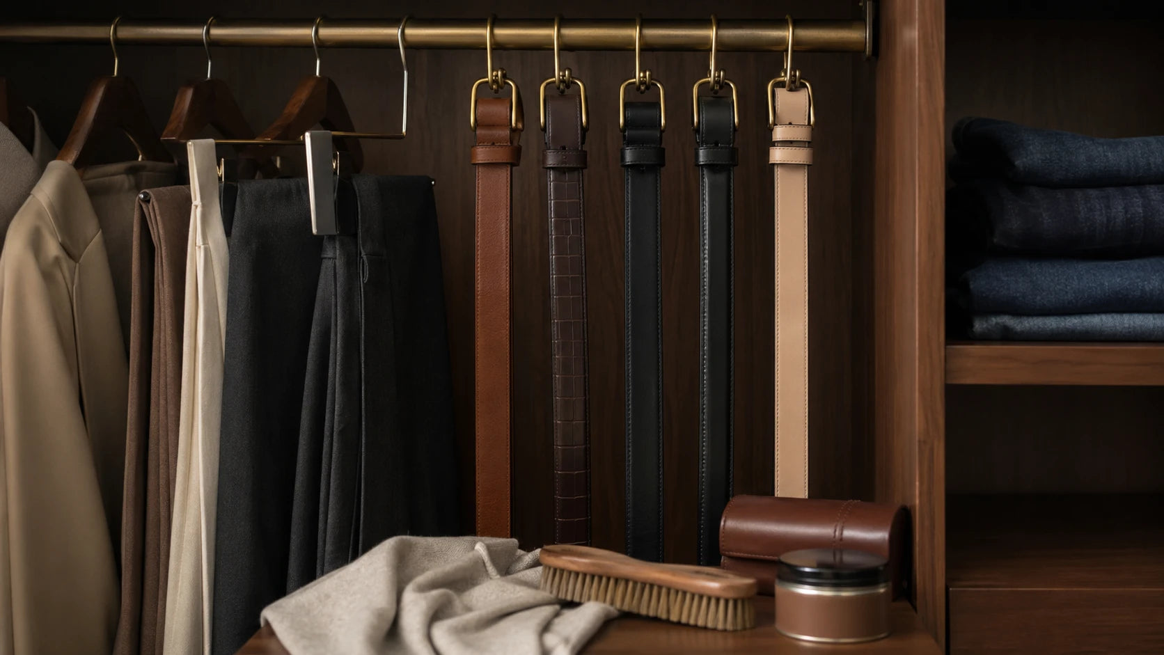 Leather belt care setup showing storage and maintenance items beside women's outfits