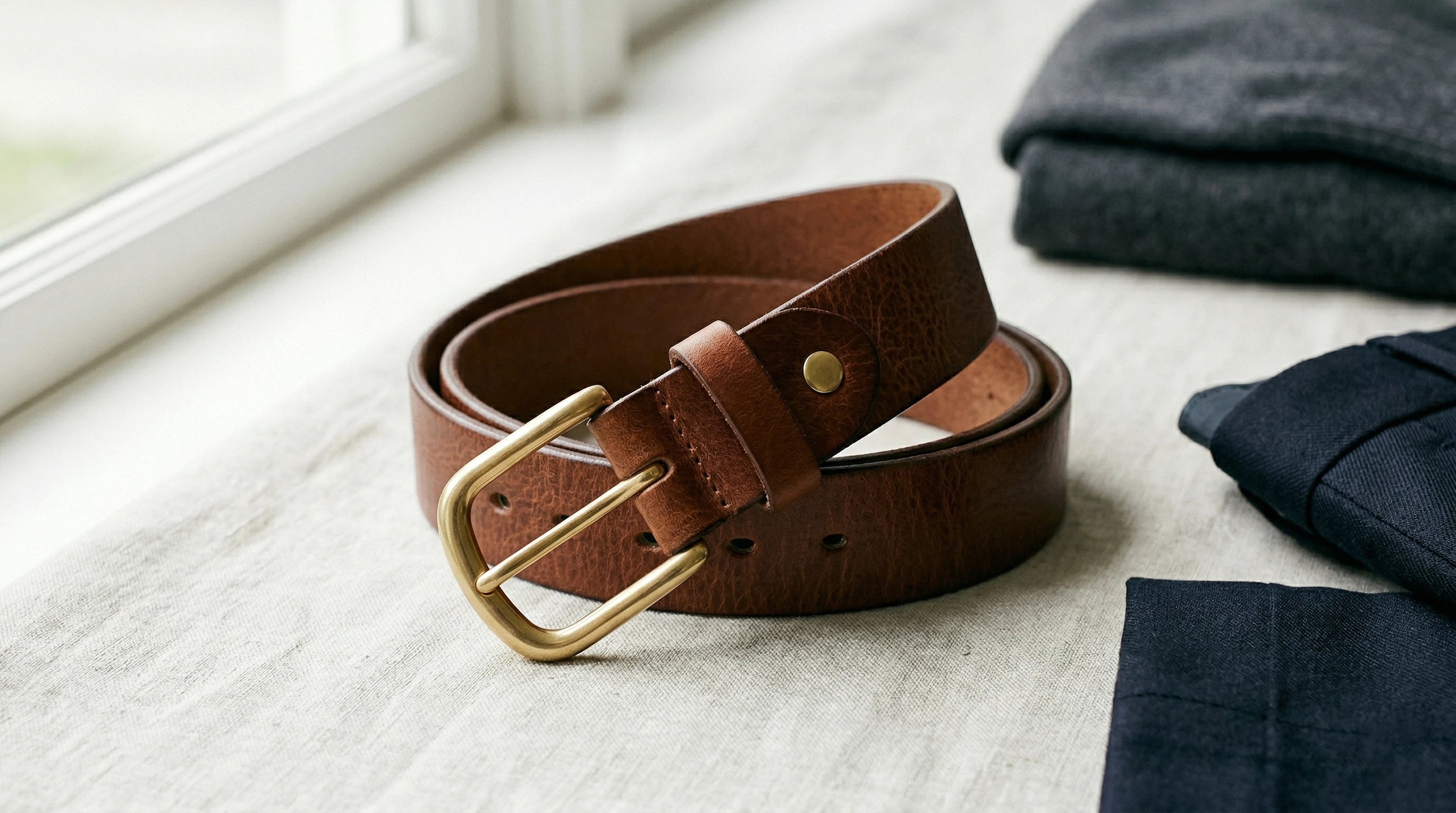 Close-up of leather belt grain and polished buckle detail