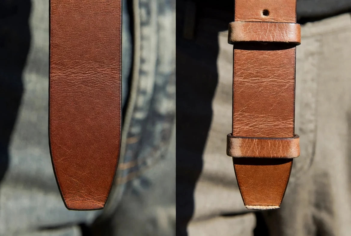 Leather belt before and after wear showing patina development and softened finish