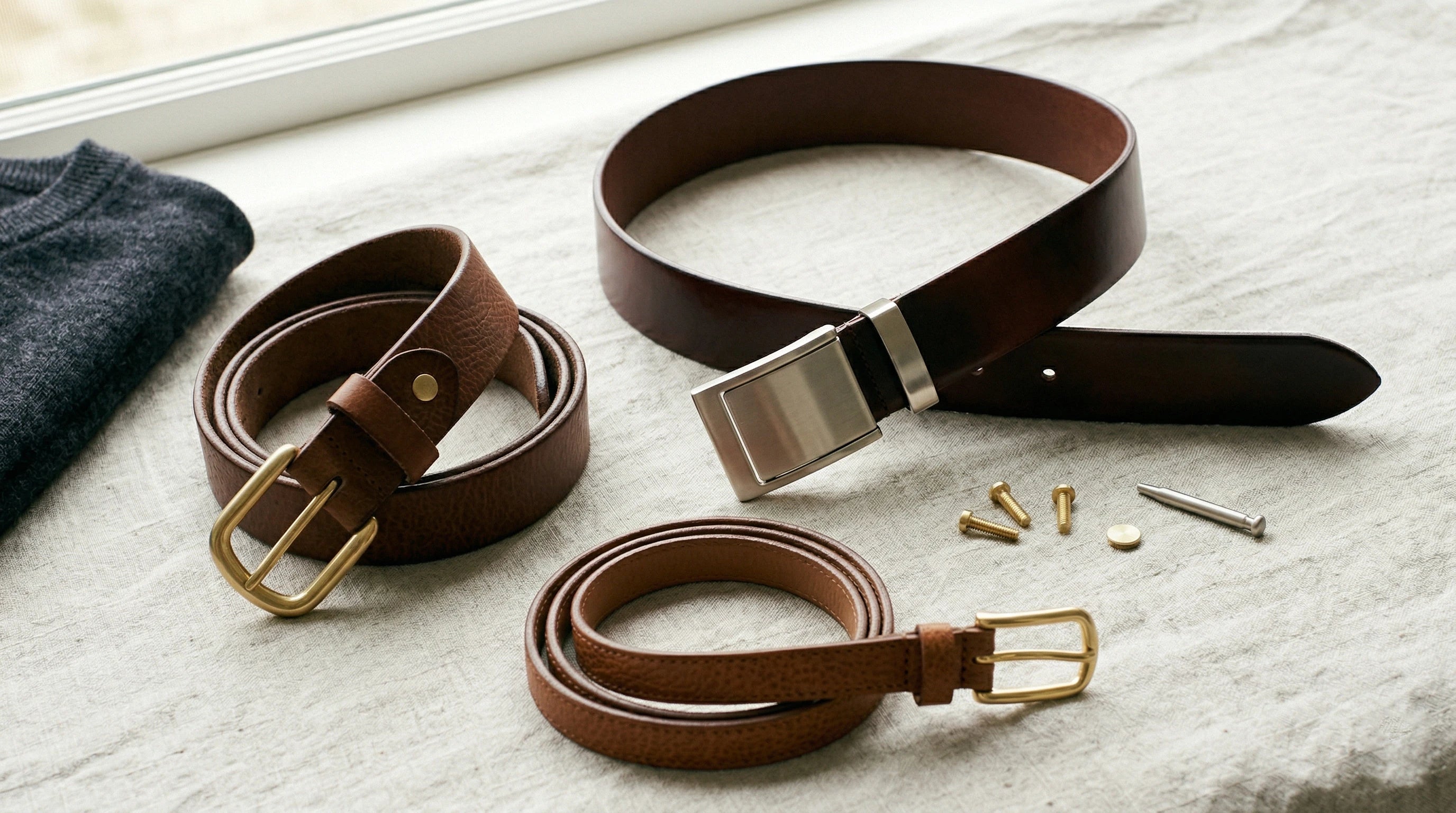 Leather belts in different widths and finishes for everyday and dress wear