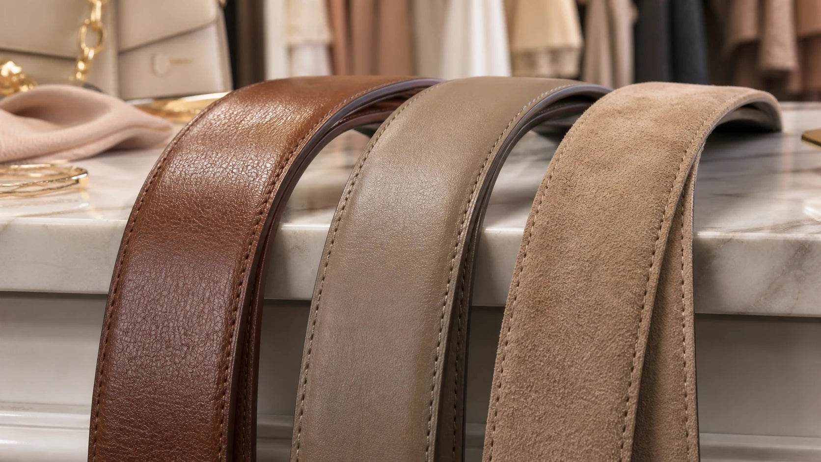Close comparison of smooth, finished, and suede belt materials showing texture and structure