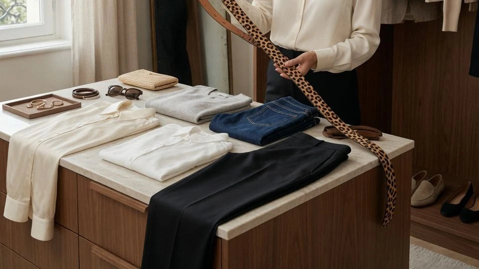 Wardrobe scene showing how to judge if a leopard belt works with neutral outfits