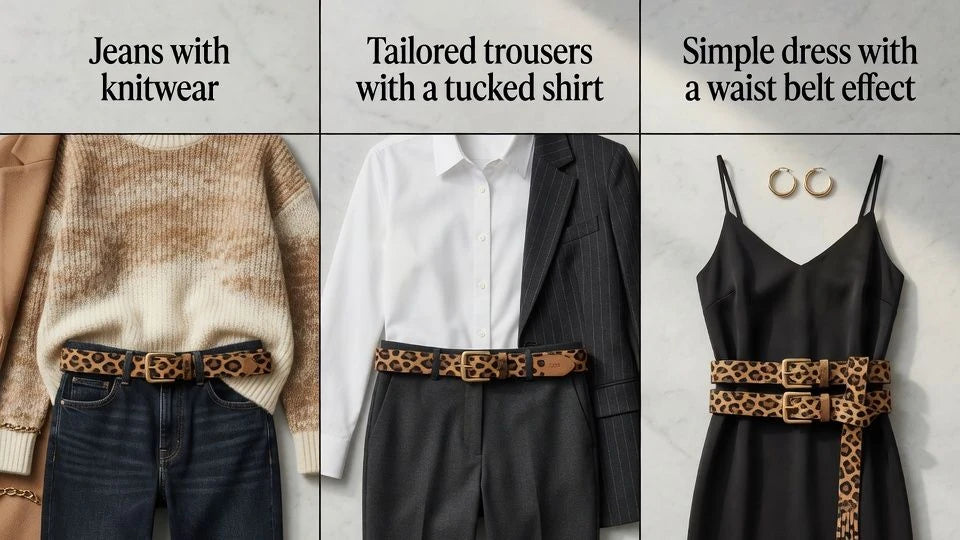 Leopard belt styled with jeans, tailored trousers, and a simple dress