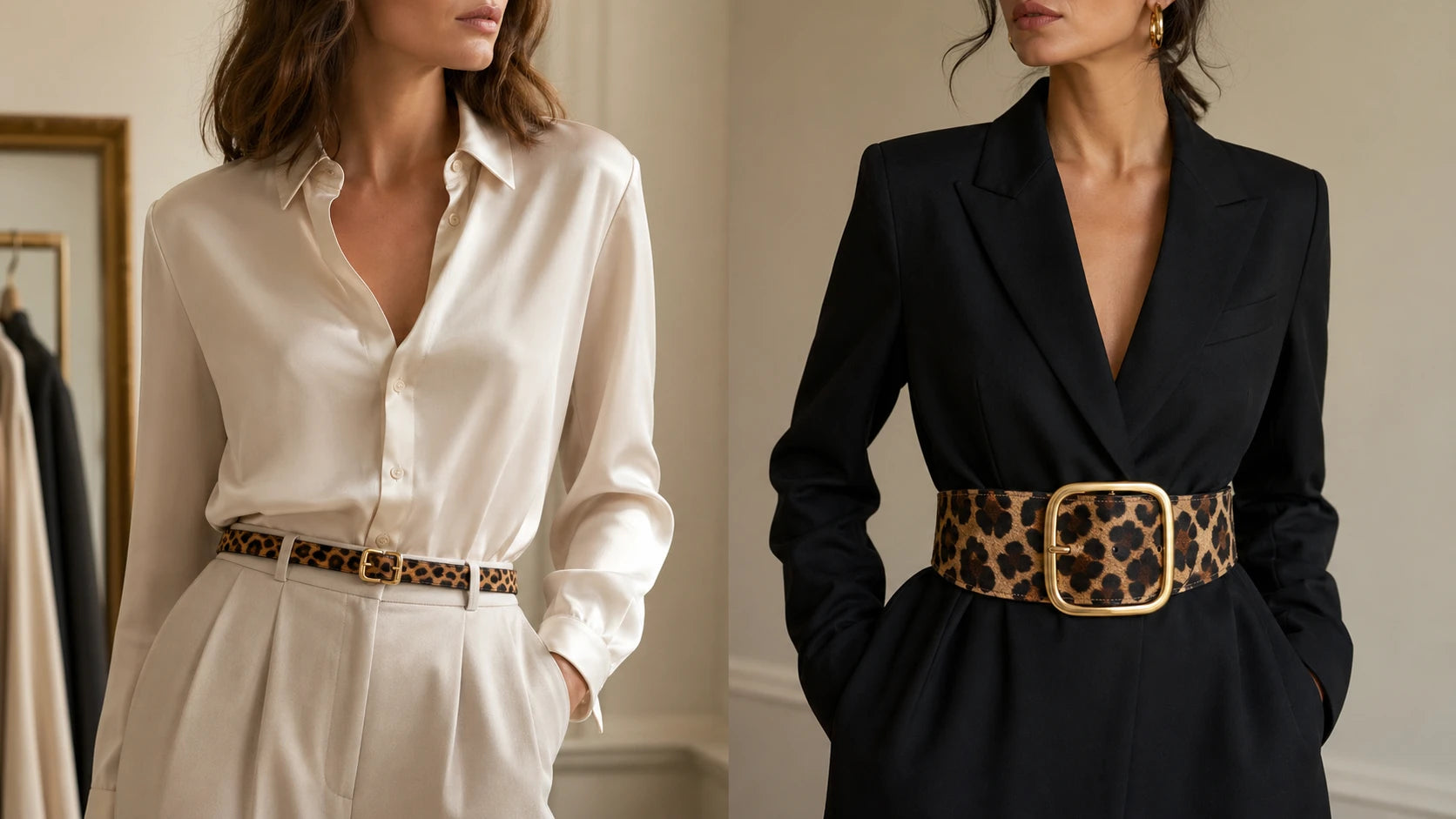 Side-by-side comparison of slim and wide leopard print belts for outfit proportion checks