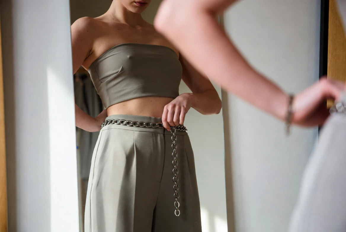 A polished link belt worn at the waist with controlled drop and balanced proportions
