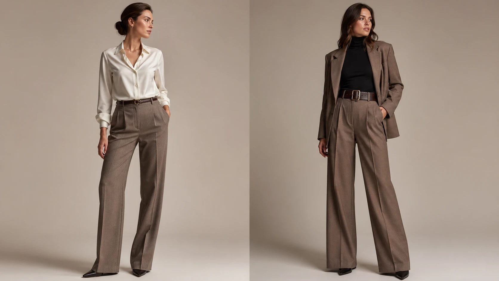 Side-by-side outfit comparison showing how a slim low-profile belt looks cleaner than a wider bulky buckle belt with trousers