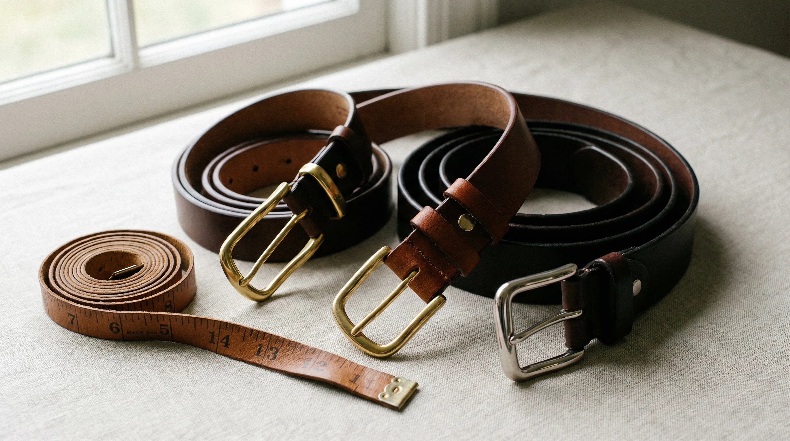 Leather belts and measuring tape for understanding belt sizes