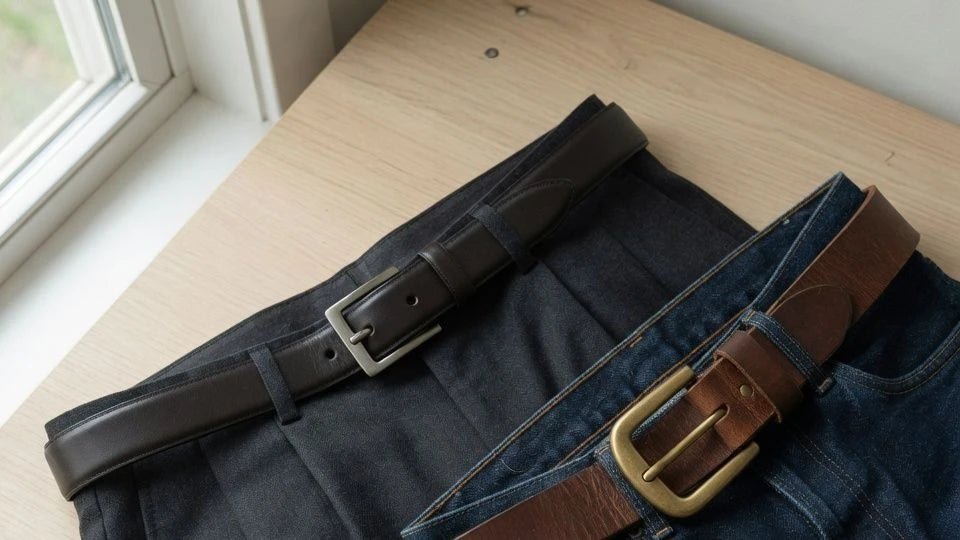 Men's leather belts showing proper width and waistline proportion with trousers and jeans