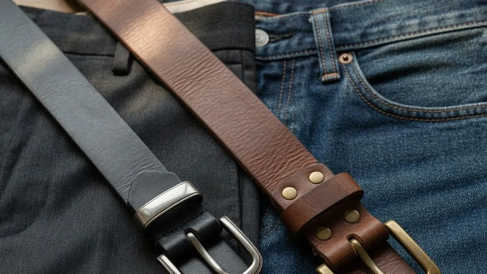 Comparison of slimmer and wider men's leather belts with dress trousers and denim