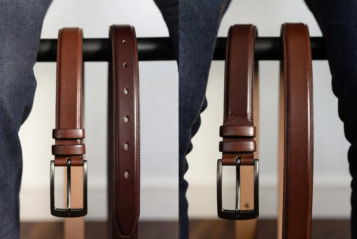 Comparison of slimmer dress belt and wider casual belt for men's trousers and denim
